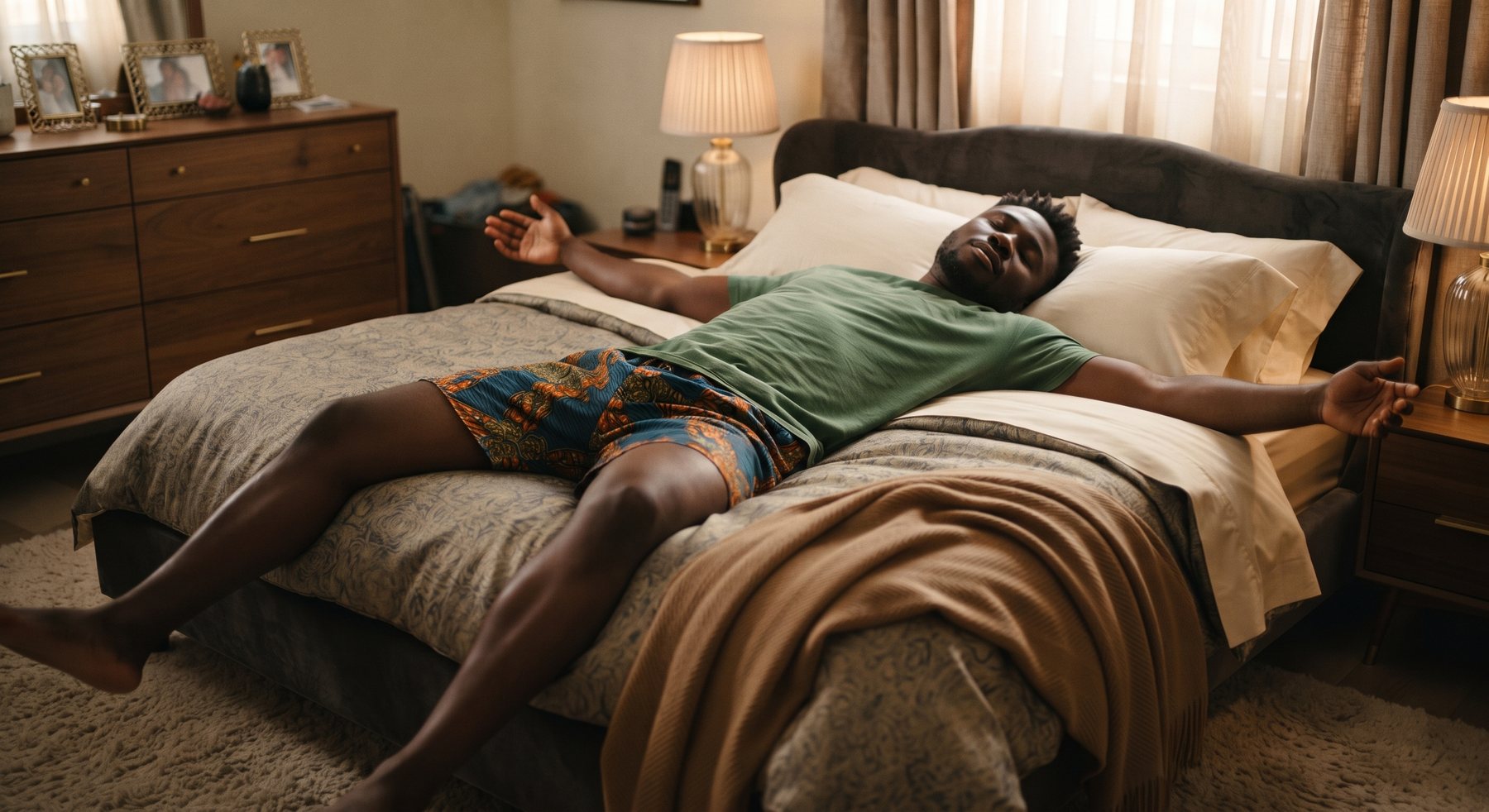 A man sleeping on his back with his arms relaxed on a comfortable mattress